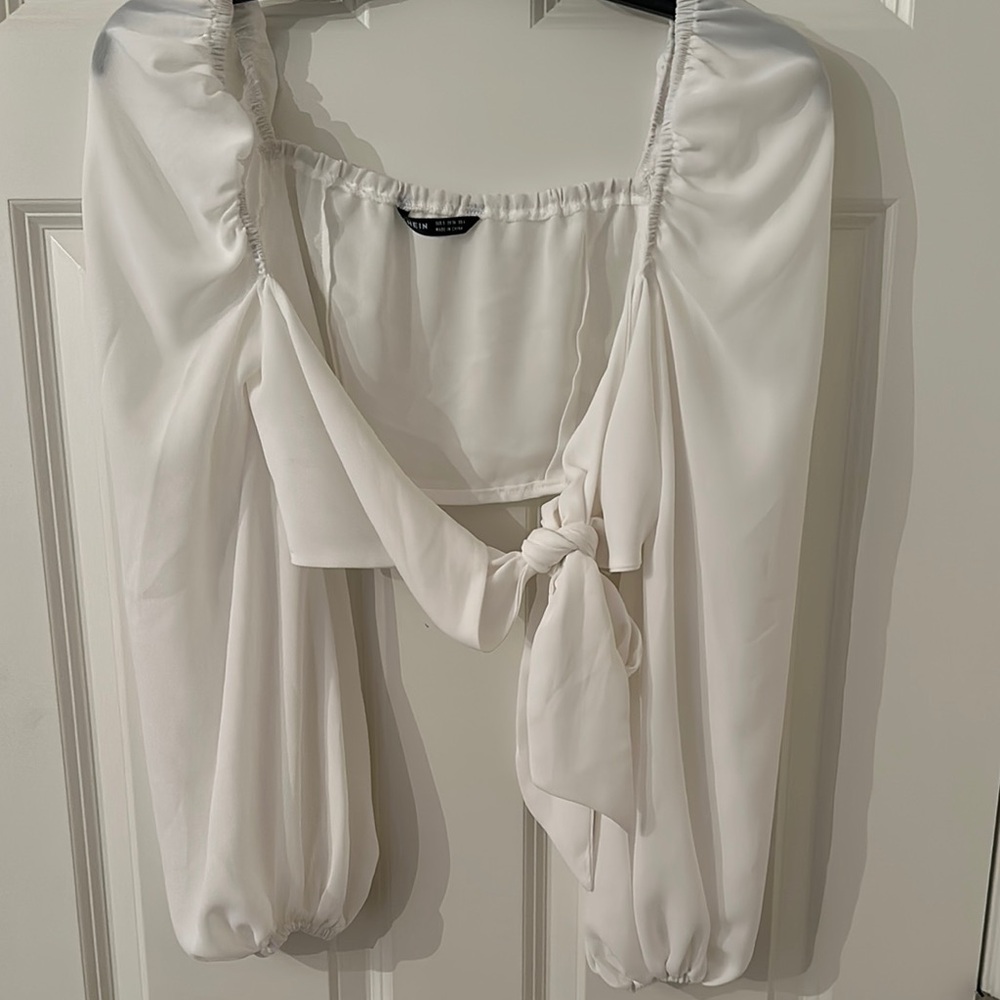 SHEIN White Puff Sleeve Crop Top with Tie Front